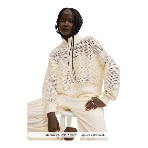 Aerie Womens size XL Oversized Crochet Quarter Zip Open Knit Ribbed Prep Sweater - Picture 8 of 9